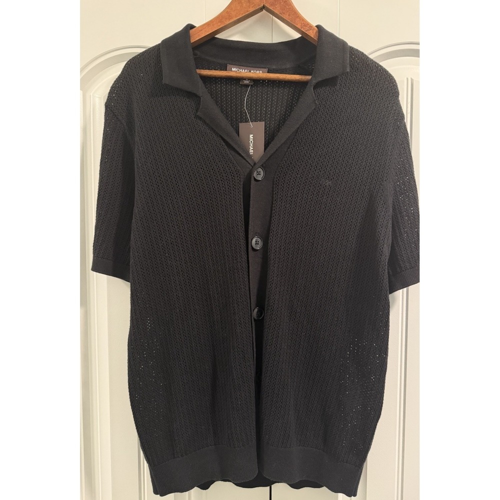 Michael Kors Mens Black Pointelle Knit Button Front Short Sleeve Polo Cardigan M